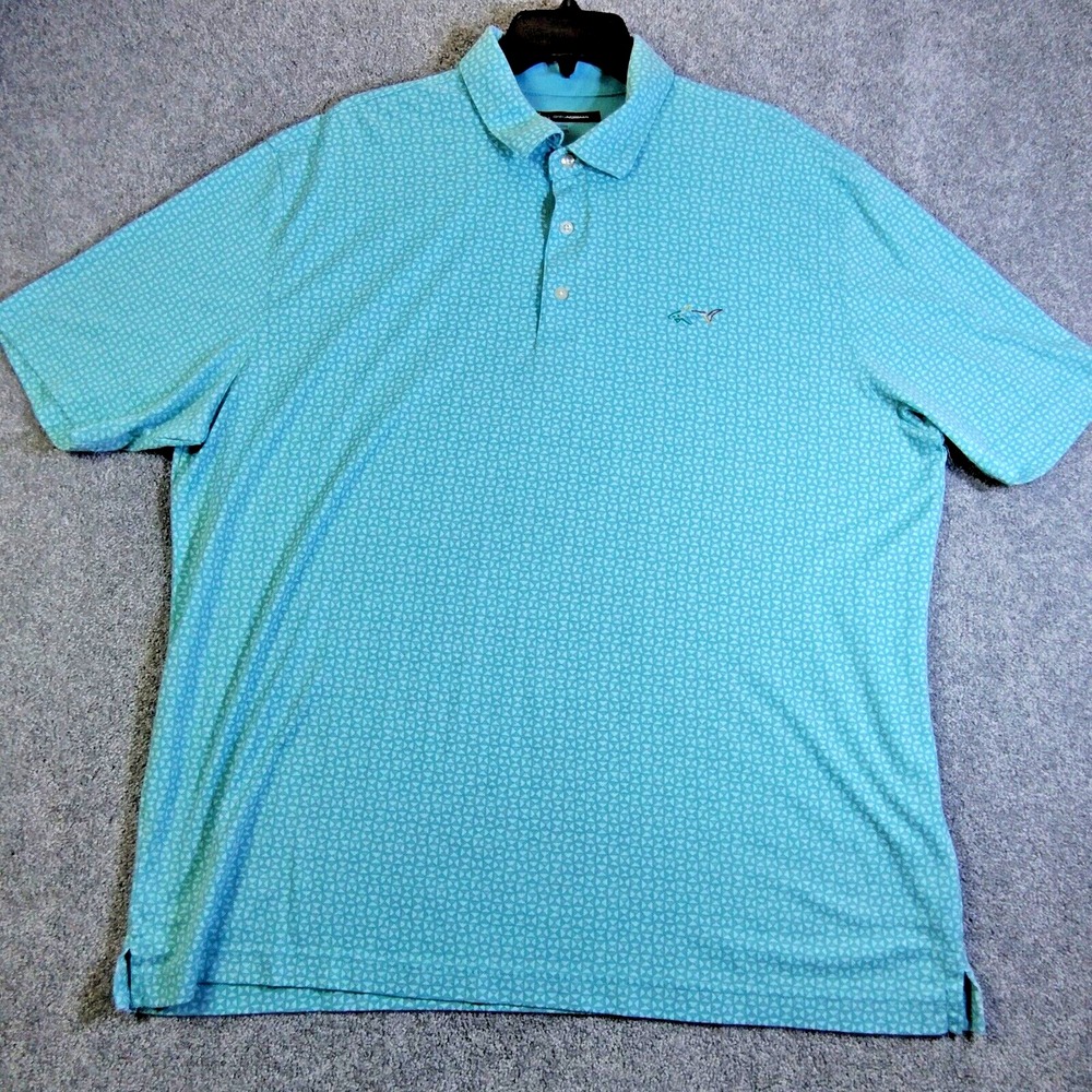 Greg Norman Texport Mens 2XL Golf Polo Teal Blue Triangle Geometric Shark Logo